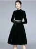 Runway High Quality Bow Slim Waist Mesh Patchwork Sexy Velvet Dress Stand Neck Long Sleeve Party Women's Dresses 210529