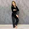 HiLoc Winter Velvet Pajamas For Women Two Piece Set Thick Long Sleeve Sleepwear Warm Solid Home Suit Nightwear Black Pajama 211215