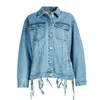 Women's Jackets 90s Aesthetic High Street Tassel Jeans Jacket Women's Backless Hollow Out Female Bandage Streetwear Casual Denim Washed