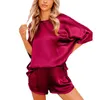 Kobiety Faux Silk Satin 2 Sztuk Piżamy Zestaw Krótki Rękaw Pulower T-Shirt Topy i szorty Solid Color Sleepwear Loungewear X0526