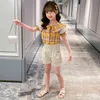 Teen Girls Summer Clothing Plaid Blouse + Short Children's Clothes For Letter Kids Lace Tracksuit 210528