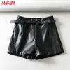 Tangada women brown pu leather skirt shorts with belt zipper female high waist ladies casual 1Y07 210719