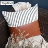 Topfinel Brown PU Läder Kudde täcker Linne Stripe Dekorativ kasta örngott för bäddsoffa Bilstol Hem Kuddehölje 45x45 210315