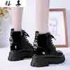 Round Toe Med Heel Boots Women Shoes Autumn Boots-women Booties Ladies Lace Up Luxury Designer Lolita Black 2020 Rubber Flat Y0914