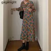 Chic coréen printemps français creux dos nœud ceintures Vestidos manches bouffantes imprimé fleuri robe Sexy col en v bureau dame 210601