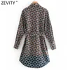 Zevity Femmes Vintage Contraste Couleur Géométrique Imprimé Chemise Mini Robe Dames Poche Patch Chic Ceintures Robe DS4762 210603