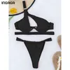 Ingaga push up bikinis kvinnors baddräkter klippa ut badkläder sexiga svarta Biquini Micro Thong Badkläder En axel bikini set 210630