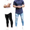 Мужчины рваные отверстия джинсы случайные черные голубые тощие тонкие подходят джинсовые брюки байкер хип-хоп джинсы с сексуальным HOLEL 211111