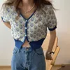 夏のカーディガン緩い女性のファッションセーターソフトウウスの短いカジュアルな花の印刷ニットトップスコート210525