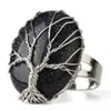 Oval Reiki Natural Stone Finger Rings Silver-color Tree of Life Wire Wrapped Resizable Women Ring Trendy Jewelry Party