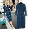 Women Denim Lapel Dress Winter Office 4XL Jeans Mid-Cuff Cowboy With Belt Sarafan Plus size 210709