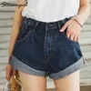 Streamgirl Denim Shorts Women's White Short Jeans Khaki Wide Leg Elastic Midja Vintage High Summer 210714