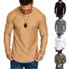 Camiseta de colores sólidos para hombre Tendencia de moda Pliegues Manga larga Cuello redondo Tops ajustados Camisetas Ropa Primavera Hombre Dobladillo irregular Camiseta delgada informal