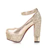 Klänningskor Kvinnor Fashion Gold Silver Sequined High Heels Sexig Platform Ankle Strap Quality Pumps Party Spring Autumn Women 43