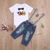 Ensembles de vêtements 0-24M bébés garçons 2 pièces tenues dessin animé lettre imprimé noeud papillon barboteuse + denim déchiré jarretelle gentleman pantalon pour anniversaire