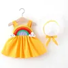 40 # Barnkläder Babyflickor Klänningar Rainbow Patterns Printing Ärmlös Princess Dress + Hat Sommarflicka Klänning Set Outfit Q0716