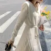Casual Kleider Midi Pullover Kleid Frauen Langarm V-ausschnitt Elegante Büro Strickte Weibliche einteiliges Koreanische 2021 Herbst Winter