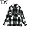 TRAF Women Fashion Oversized Plaid Jacket Coat Vintage Långärmade fickor Kvinnor OuterWear Chic Toppar 211014
