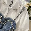 Deat Women Diamond Beading Beading Pufle рукав рубашка с кисточником жемчужина Suepender Жилет два куска мода весна лето 11b154 210709