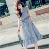 Letnia Moda Retro Oversize V Neck Latający Rękaw Plaid Sukienka Kobiety Syrenka Koreański Chic Lace Up Waist Ruffled Vestido De Mujer 210610