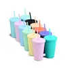 16oz camada dupla moda adultos e crianças copo de café em linha reta canecas Tumblers doces cores plástico copos de água fosco com palha wll885