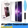 UV-tempererat glas Protecor för Samsung S21 S21 + Not 20 Ultra Galaxy S9 S8 Plus S7 S10 S20 3D Full flytande lim Skärmskydd med låda