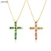 925 Sterling Silver Colorful Cross Pendant Necklace Long Chain Fine Jewelry Collar Corto Doris Verde Rosa Rock Punk Oro