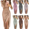 Party Avondjurken Sexy Celebrity Jurk Mermaid Doorzien door lange mouwen Applicaties jurken Trumpet Prom Dress Draag Navy High Side Split off the Shoulder Formal Girl