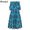 African Dresses for Women Fashion Floral Print Slash Neck Three Quarter Sleeve Maxi Dress High Waist Vintage Long Dress Autumn 220118