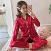 Women Pajamas Sets Quality Sexy Navy Satin Ice Silk Sleepwear Korea Sweet Long Sleeve Trousers Pyjamas 210809