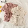 Newest INS Kids Girls Jumpsuits Pants Blank Children Stylish Front Buttong Pockets Turn-down Collar Overalls Pants M3351
