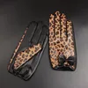 Cinq doigts gants femmes l￩opard en cuir authentique ￩paississent chauds d￩barrasser la conduite f￩minine ￩cran tactile ￠ la main H89