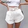 Berrygoの白い綿の高腰の女性のショートパンツ夏のフリルのベルトの女性の短い底のファッションのショートパンツストリートウェアショーツ210611
