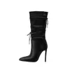 Meotina mi-mollet bottes femmes chaussures super haut talon femme bottes bout pointu talons fins à lacets chaussures de dame hiver noir 210608