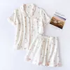 Summer Ladies Short-sleeved Shorts Pajamas Set 100% Cotton Crepe Cloth Thin Home Service Two-piece Spring And Autumn Loose 210830