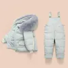 Kids Baby Snowsuit 2 stks Sets Grote Bont Kraag Down Jassen + Warm Jumpsuit 2021 Nieuwe Winter Peuter Jongens Meisjes Skiën Suits H0909