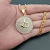 Hip Hop Iced Out Round Allah Pendant Necklace Stainless Steel Islam Muslim Arabic Gold Color Prayer Jewelry Drop