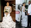 2022 Estilo árabe Ruffles Tieres Sereia Vestidos de Noiva Jóia Pescoço de Manga Completa Pérolas Vestido de Noiva Lace Up Voltar Aso Ebi Africano Vestido Bridal