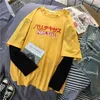 Coreano kawaii giallo T Shirt Donna manica lunga O Collo T-shirt autunno Top Casual Tee lettera stampata Harajuku Donna Tshirt 210720