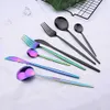 24pcs 블랙 서양 식기 세트 스테인레스 스틸 칼 붙이 포크 나이프 숟가락 식기 플랫웨어 Silverware 210907