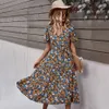 Panie Vintage Maxi Floral Print Letnia Sukienka Kobiety Czeski Slim Casual High Paist Bandaż Kobiety Plażowa Dress Kobieta Vestidos 210630