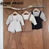 Korean Style Summer Kids Girls Boys 2-pcs Sets Striped Long T-shirt+Overalls Shorts Casual Children Clothes E027 210610