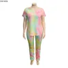 CM.YAYA Active Wear Plus Size XL-4XL Tie Dye Print Set da donna T-shirt Pantaloni impilati Tuta Tuta Set da due pezzi Fitness Outfit Y0625