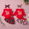 クリスマス子供女の子の服セットかわいい赤ちゃんの文字プリント長袖ロンパーチェック柄サスペンダースカートヘッドバンド3pcs /セット衣装