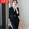 Femmes deux pièces pantalon 2021 mode Winered formel femmes pantalon costumes bureau dames à manches longues avec ceinture noir col en V femme