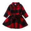Newborn Kids Baby Girls Plaid Clothes Toddler Infant Full Sleeve Single-breasted Knee-length Dress Children Outwear Sashes 3M-3Y G1026