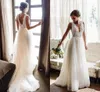 2021 Summer Wedding Dresses V Neck Backless Sweep Train A Line Appliques Lace Beads Garden Beach Boho Country Bridal Gowns robes de mariee Dress