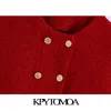 KPYTOMOA Femmes Mode Double Boutonnage Tweed Veste Courte Manteau Vintage O Cou À Manches Longues Femelle Survêtement Chic Tops 211014