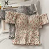 Verano Vintage Pliegues Floral Mujer Camiseta Dulce Ruffle Slash Cuello Ropa de mujer Imprimir Sknny Versátil Estilo de playa Tops cortos Y0629