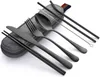 7PCs Dinnerware Set Travel Bestick Reusable Silverware With Metal Straw Spoon Fork Chopsticks Kök Tillbehör Case 211229